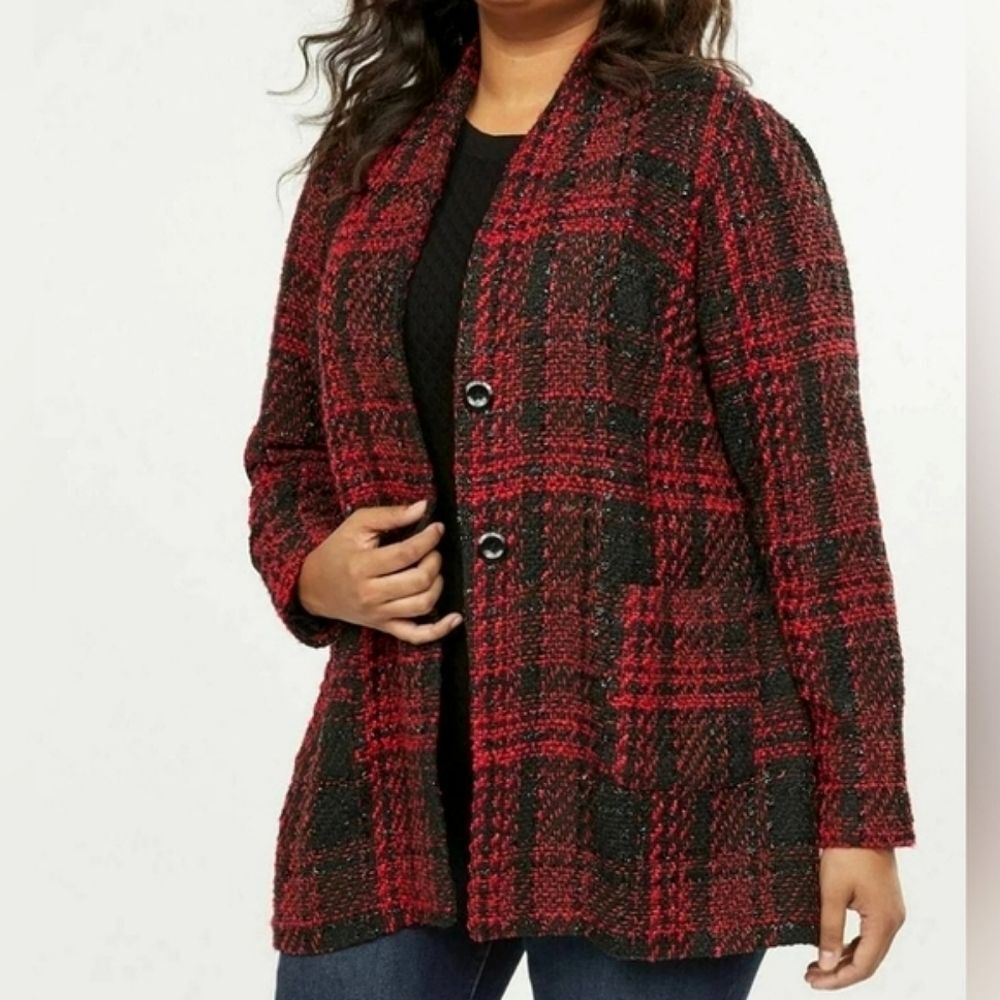 Lane Bryant Red Plaid Shimmer Boucle Jacket Pea Coat Womens Size 14 / 16 Holiday